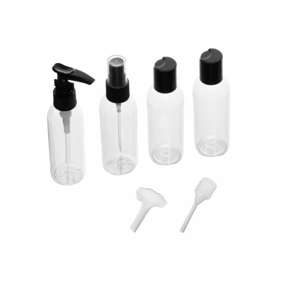CJ. 4 FRASCOS P/VIAGEM DE PLASTICO COM TAMPA PRETA- REF. 220456
