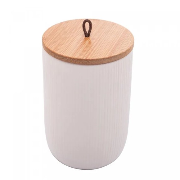 POTICHE DE CERAMICA C/TAMPA EM BAMBU LINES BRANCO 10X15 - REF. 8670