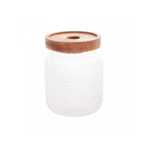 POTE DE VIDRO MARTELADO C/ TAMPA DE ACACIA 500ML - 5434